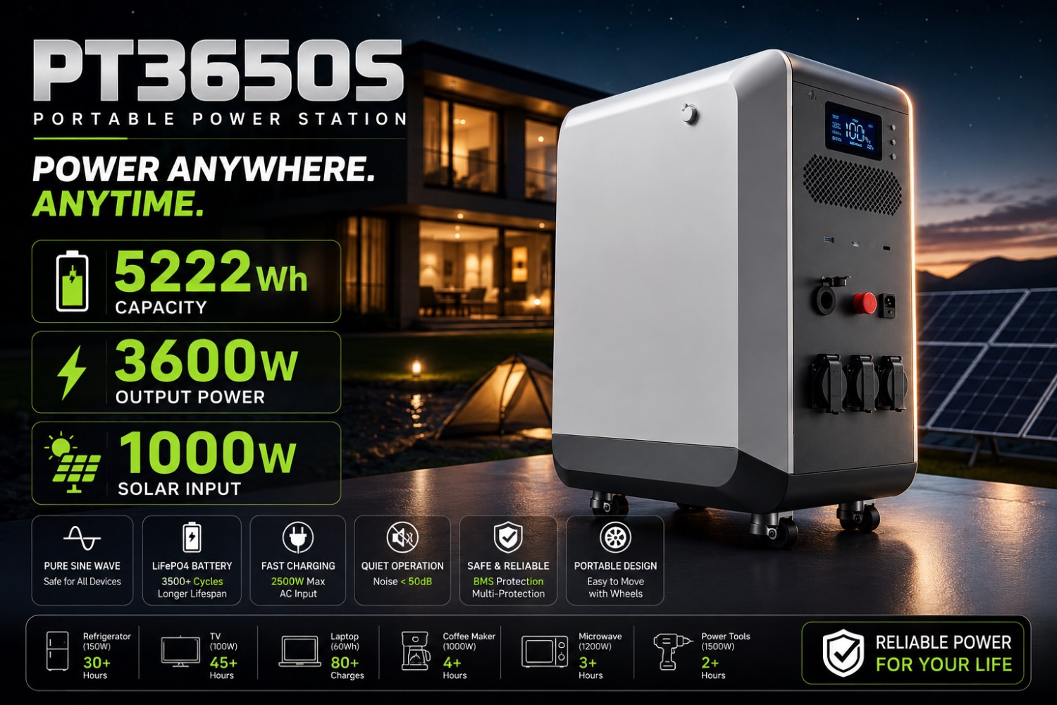 پاور استیشن 3600 وات PT3650S | باتری LiFePO4 ظرفیت 5222Wh | شارژ خورشیدی
